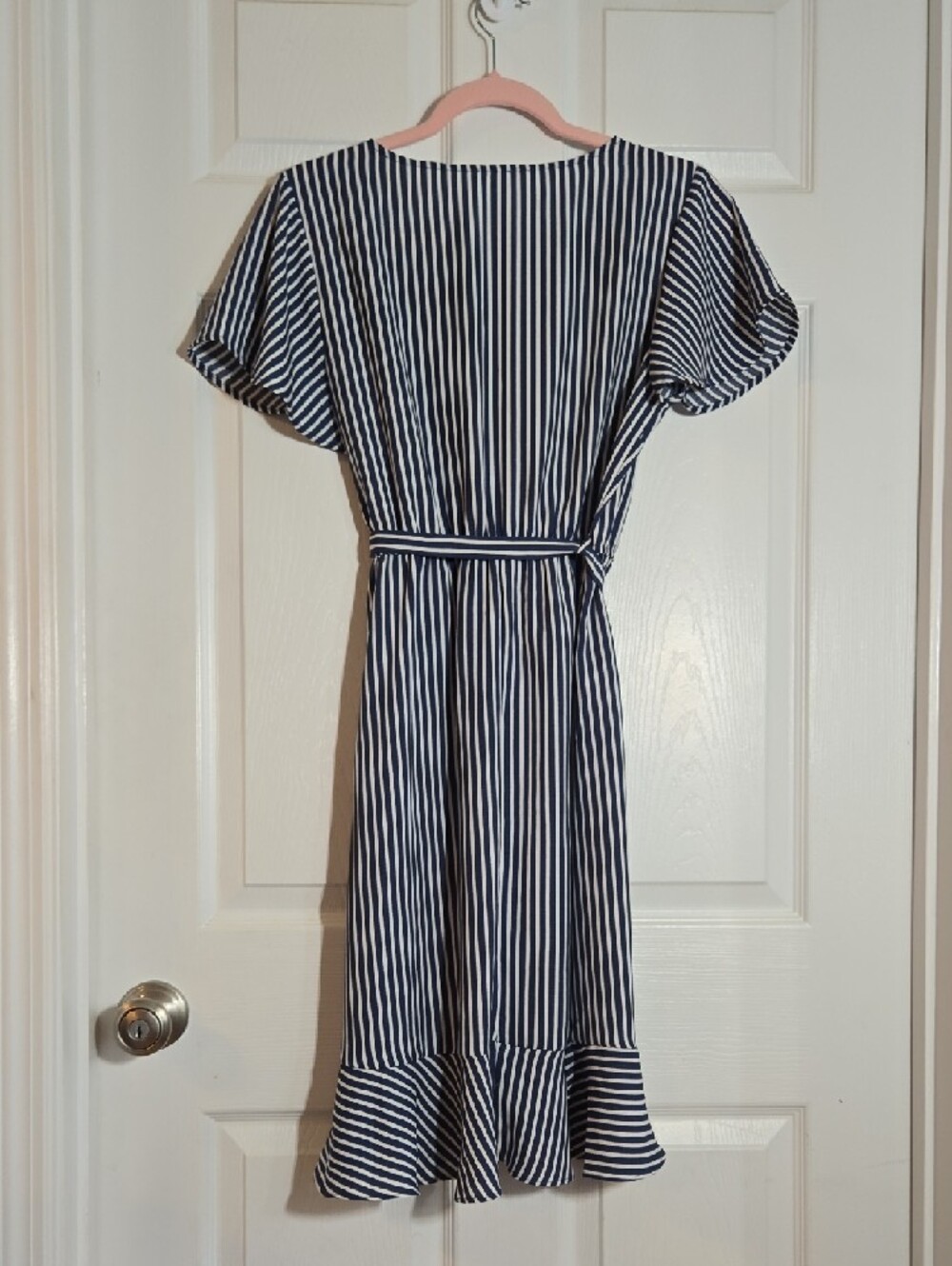 NAIF Navy & White Striped Midi Wrap Dress - Picture 6 of 6